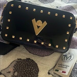 Valentino Orlandi Black and Gold Crossbody Bag with Studded Design